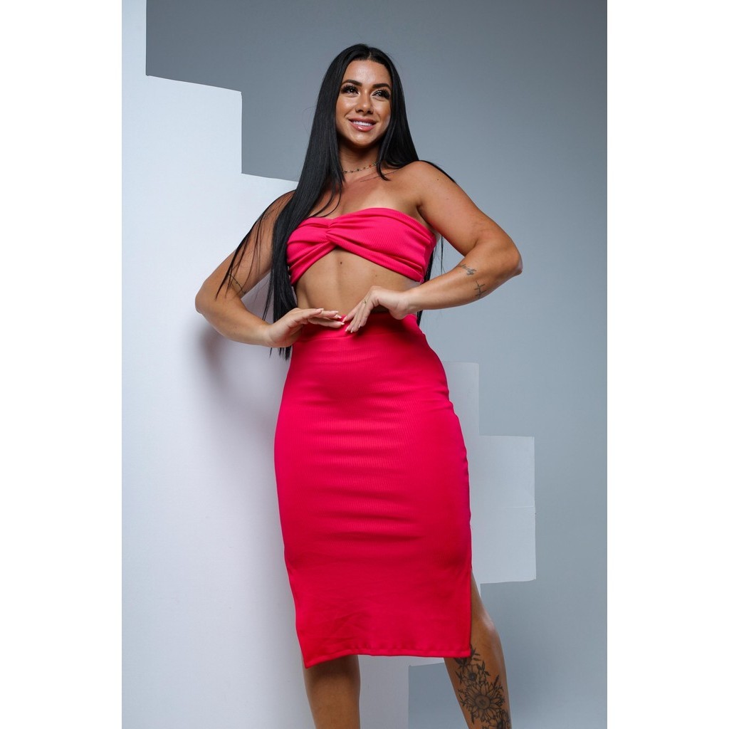 Conjunto Saia Midi com Top de Amarrar Nas Costas Moda Elegante Premium