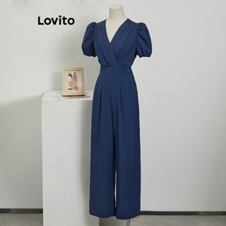 Lovito Macacão Elegante com Mangas Bufantes e Bolsos Plissados para Mulheres L77ED321
