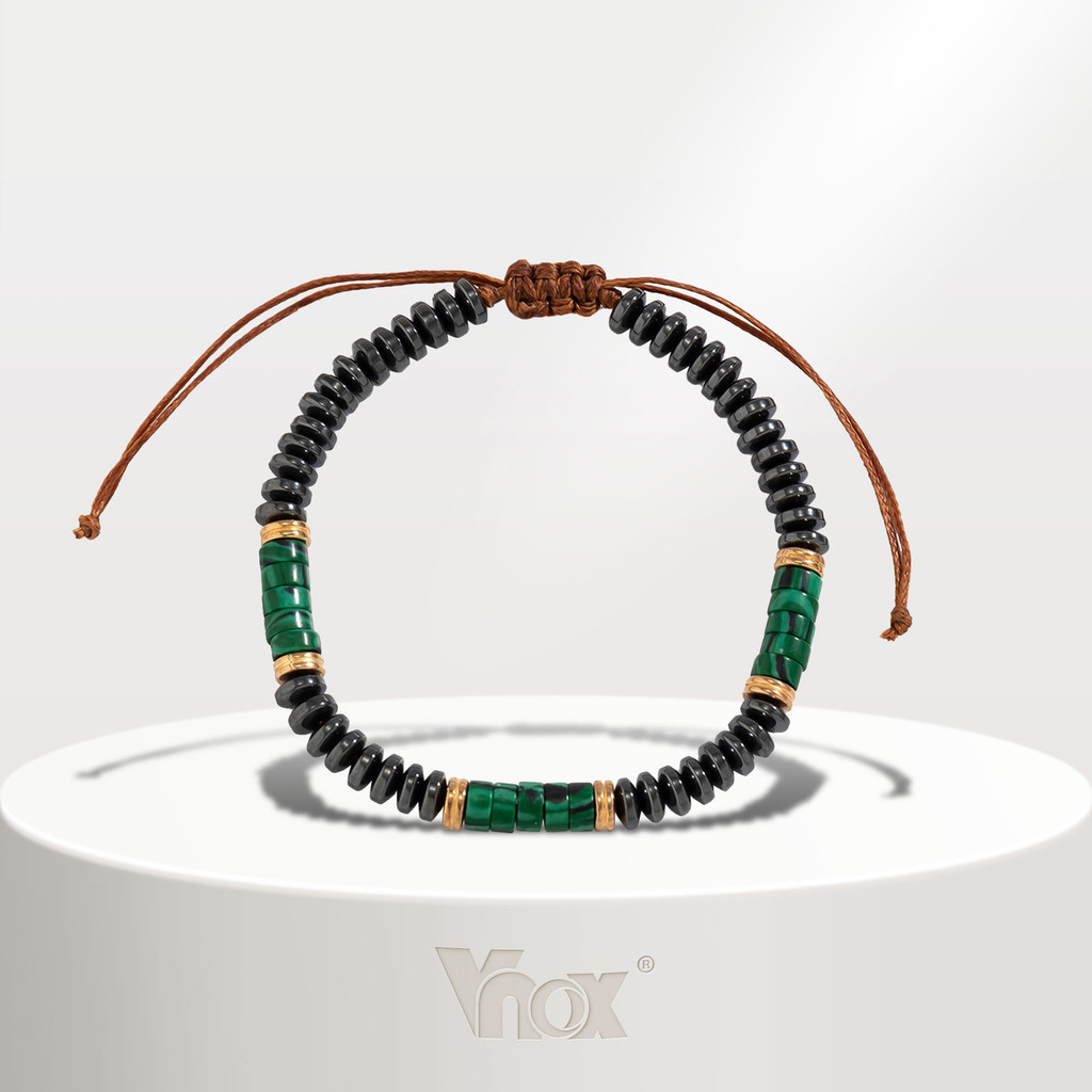Vnox Fashion Men's Bracelet , Verde Pedra Natural Gallstone Preto Contas De Tamanho Ajustável Pulseira Jóias