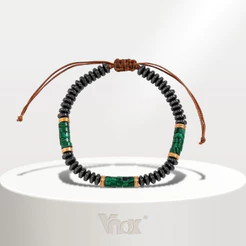 Vnox Fashion Men's Bracelet , Verde Pedra Natural Gallstone Preto Contas De Tamanho Ajustável Pulseira Jóias
