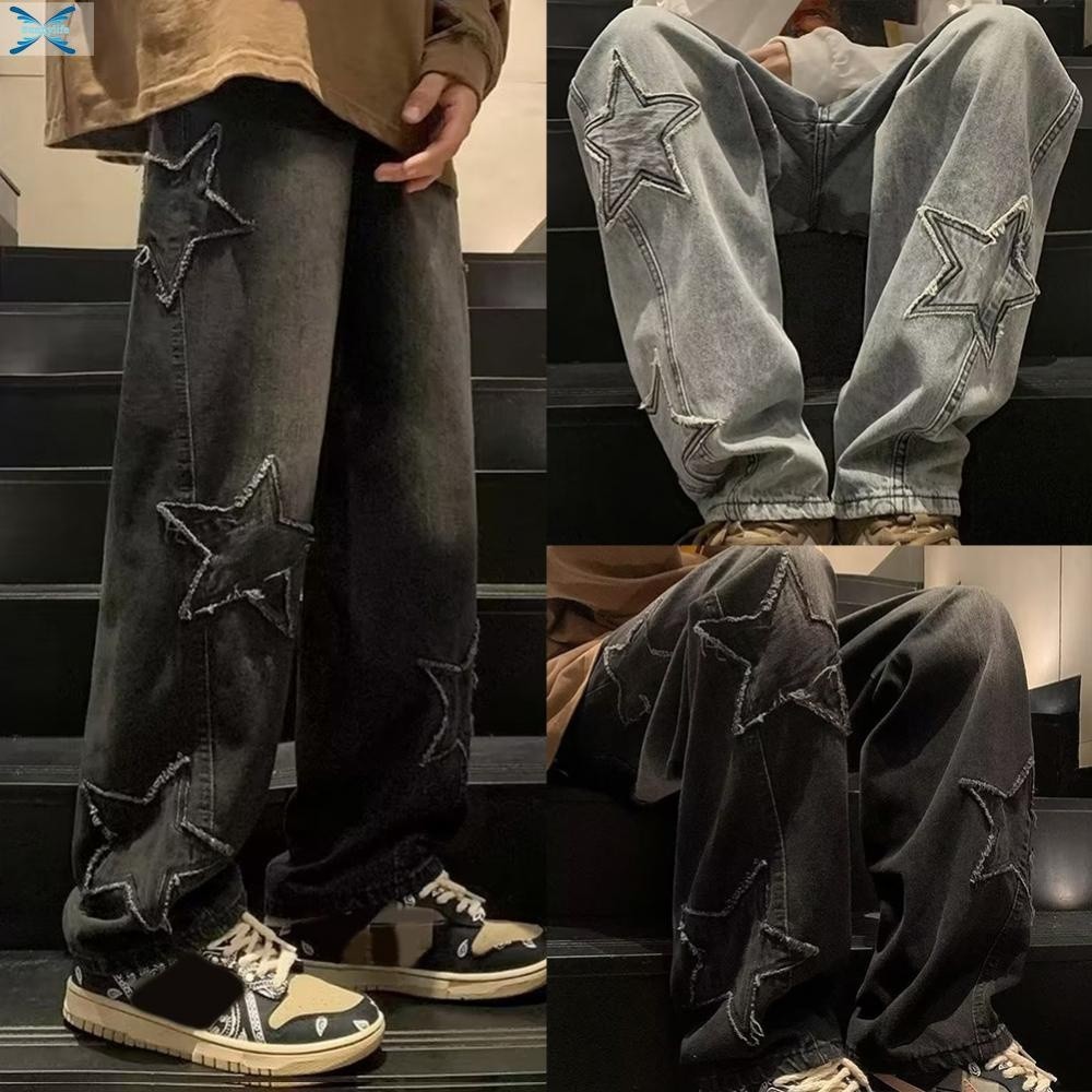 Y2K Vintage Coreano Roupa De Rua Masculina Estrela Estética Jeans De Perna Larga Preto em Oferta na Shopee