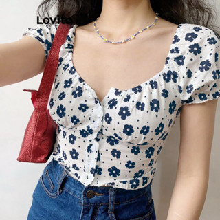 Lovito Blusa Casual Ditsy Floral Padrão Com Botão Frontal Para Mulheres LNL37105 (Branco)