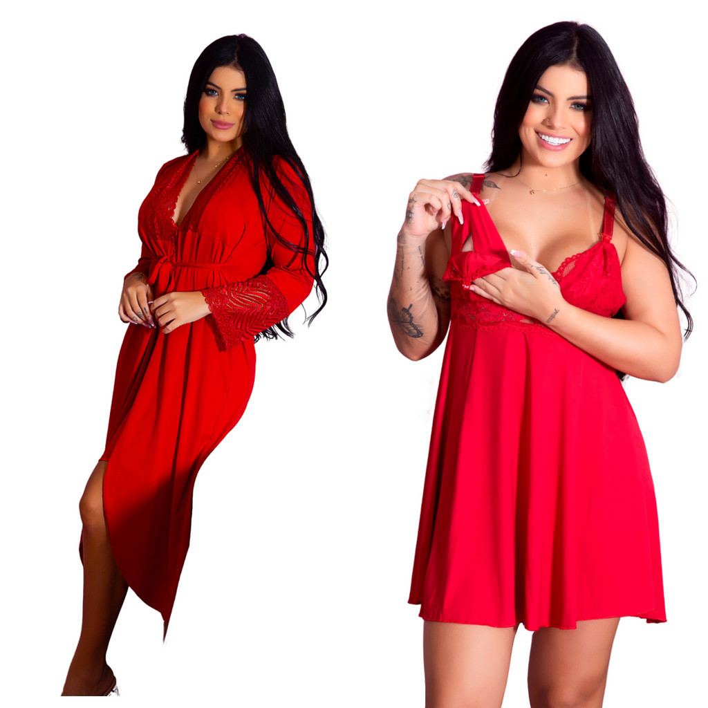 Kit Robe Roupão Longo e Camisola Amamentação Gestante Confortável Maternidade Pós Parto