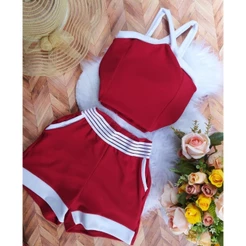 Conjunto Feminino De Short Cós alto E Blusa de malha