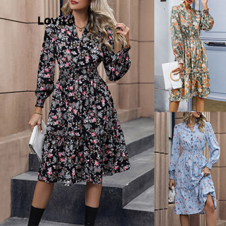Lovito Vestido Elegante Ditsy Floral Com Acabamento Em Alface E Botões Para Mulheres LNL50159