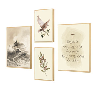 Kit 4 Quadros Decorativos Aquarela Arca de Noé | Coleção Fé para Quarto e Sala