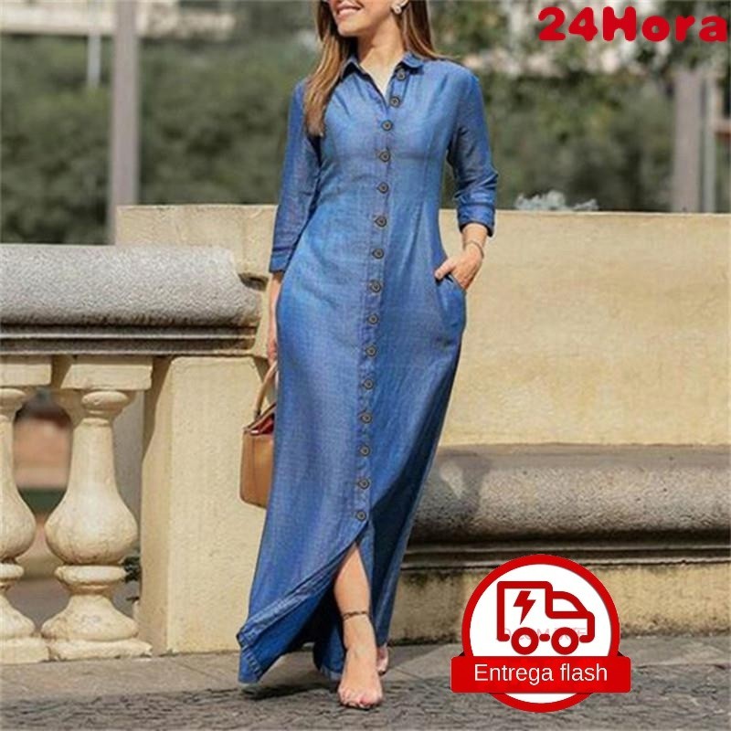 Vestido longo plus size soltinho de brim cor sólida feminino em Oferta na Shopee