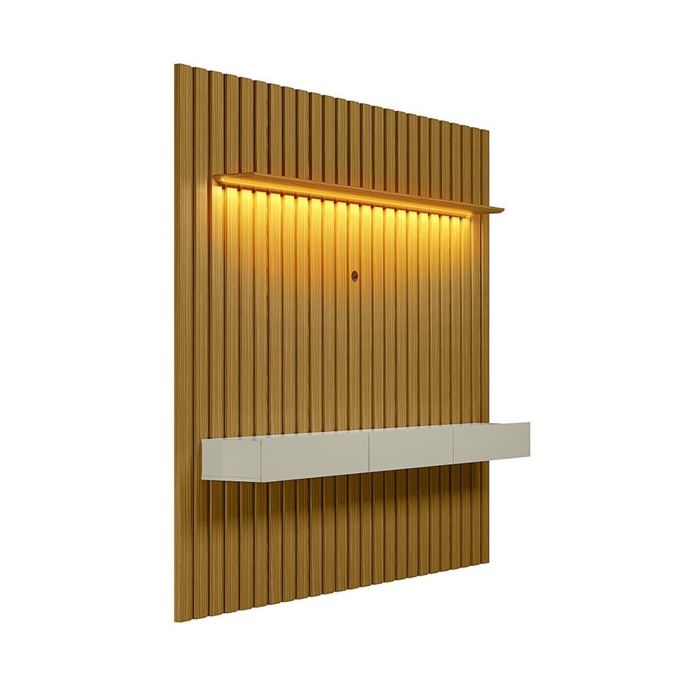 Painel Ripado com Rack Suspenso até 70 Polegadas Tulum com LED 1 PT 2 GV Cedro e Off White Alt 242 Larg 222 cm - Home & Living