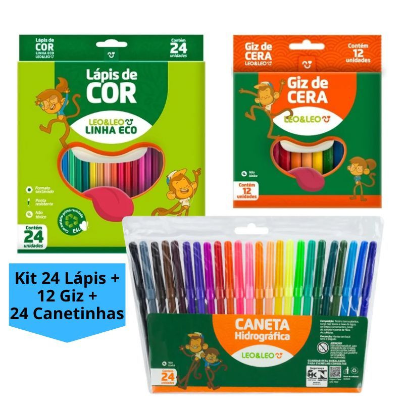 kit Lápis de Cor 24 Cores + Canetinha + Giz de Cera 12 Cores - Caneta Hidrográfica 24 cores Leo&Leo