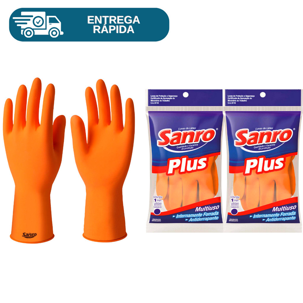 Kit 2 Prs Luva De Latex Natural Grossa Reforçada Sanro Plus Multiuso Para Limpeza Lavar Louça Proteção Epi