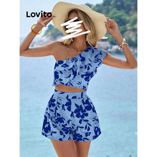 Lovito Boho Conjunto Feminino Short Assimétrico Florido com Babado LBL07175