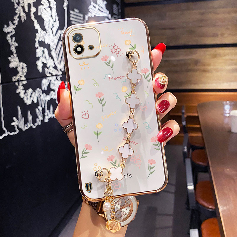 Oppo Caixa Em Frente Ao K5 Realme C20A C20 C11 2021 XT Padrão De Flor Pequena Com Pulseira De Quatro Folhas De Trevo Capa Protetora À Prova De Choque