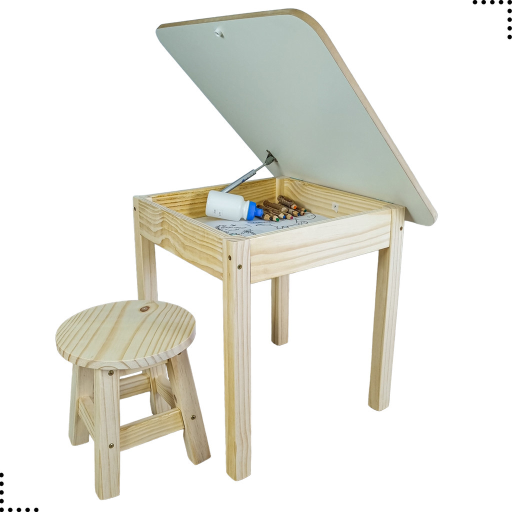 Conjunto Mesinha Quadrada Com Baú Infantil Educativa Atividades Madeira Maciça 1 banqueta banquinho