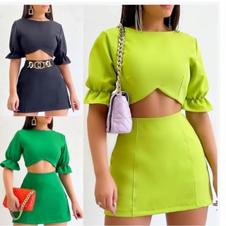 Conjunto Elegante Feminino Alfaiataria Estiloso Manga Curta Saia E Cropped E Forro