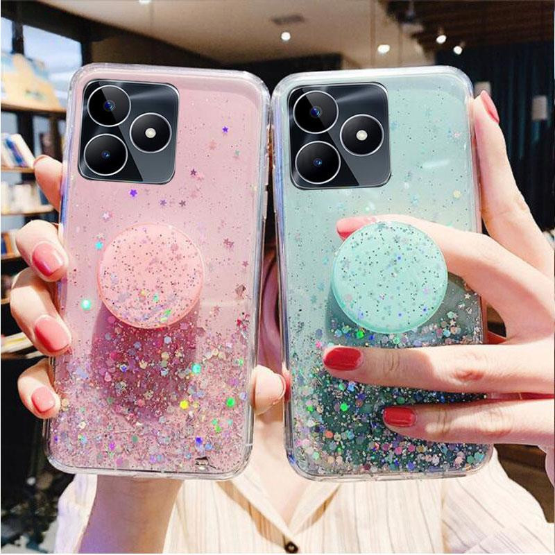 Para Realme Nota 50 C63 C53 C51 Lantejoulas De Folha De Ouro Brilhante Transparente Capa De Silicone Redonda