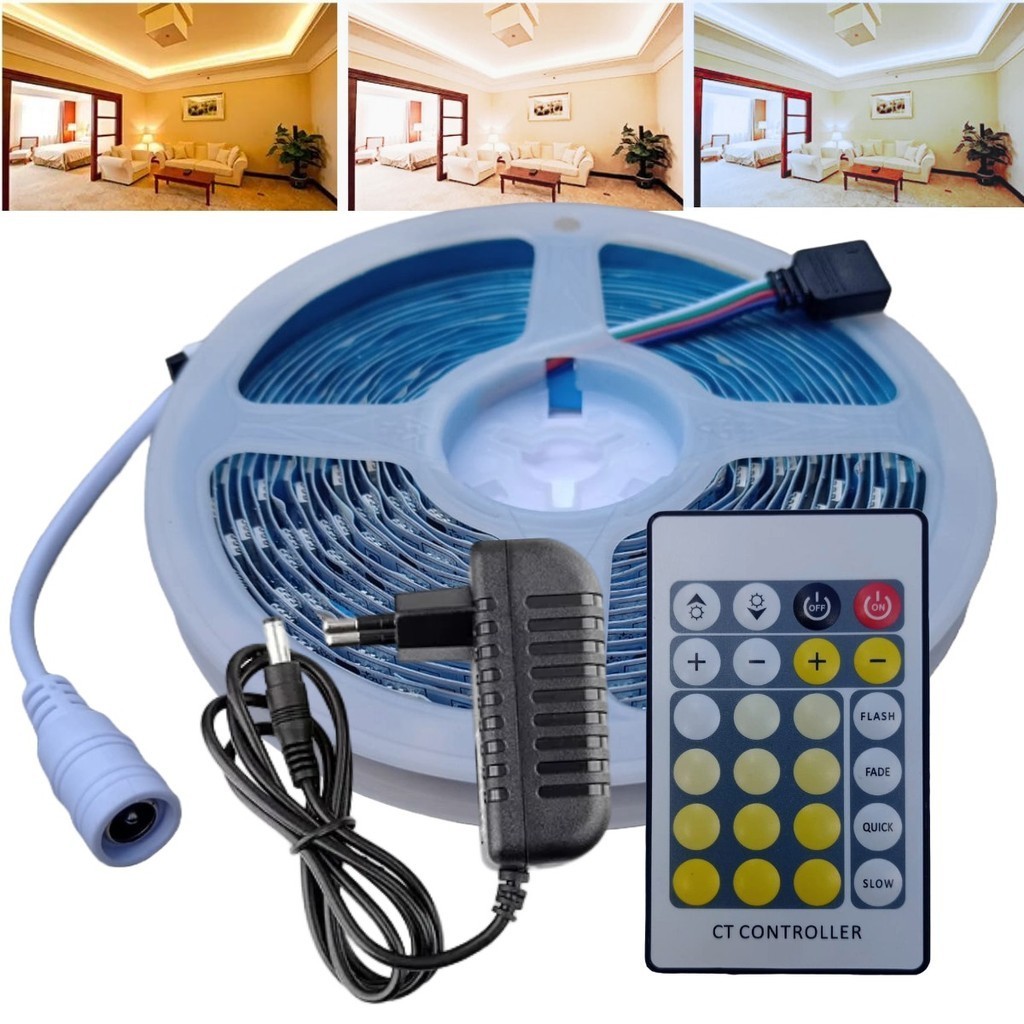 Fita De Led 5025 Dimerizável Com 3 Cores De Luz (Frio, Quente e Morno) De 5M De 12V Com Controle Remoto Com Fonte