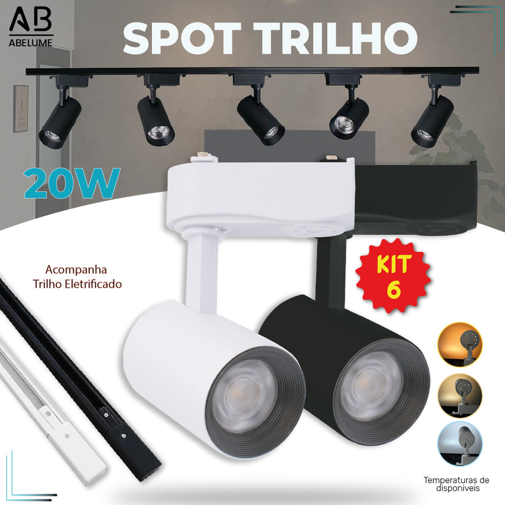 6 Spot LED para trilho eletrificado Preto e Branco 20W 360° | Luz Branca, Luz Neutra e Luz Amarela | Bivolt 110V-220V em Oferta na Shopee