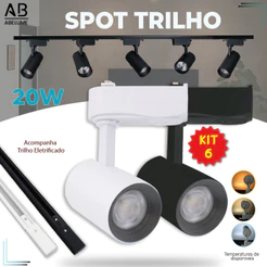 6 Spot LED para trilho eletrificado Preto e Branco 20W 360° | Luz Branca, Luz Neutra e Luz Amarela | Bivolt 110V-220V