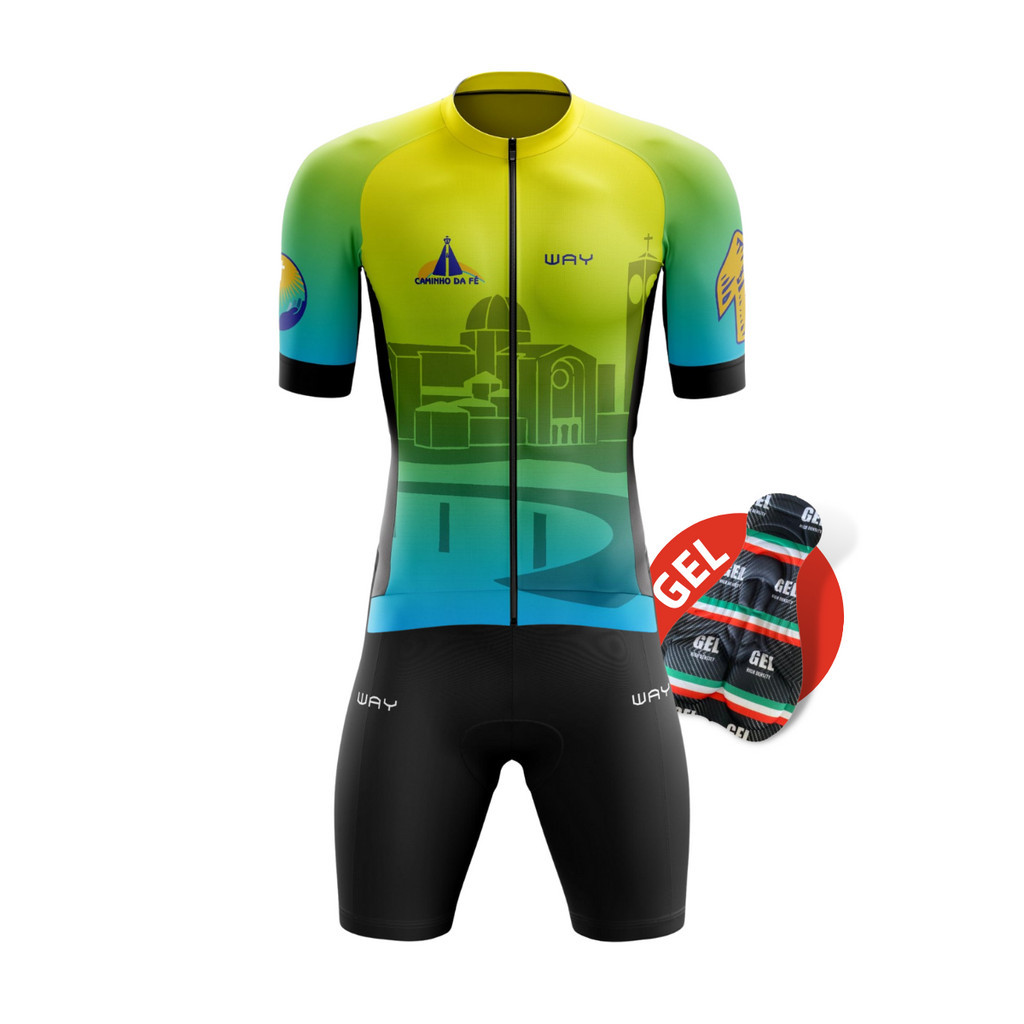 Conjunto de Ciclismo Masculino Camisa Caminho da Fé Premium Bermuda Gel Roupa de Pedal