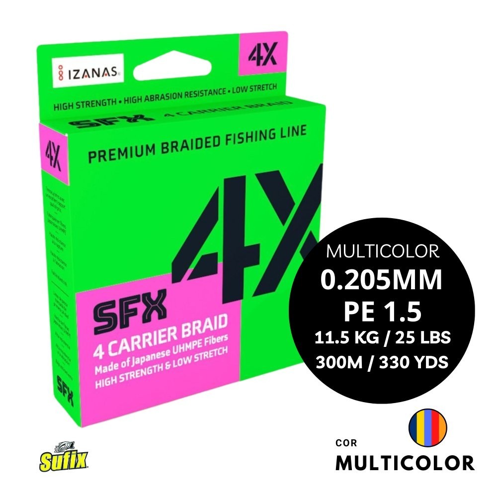 Linha Multifilamento SUFIX SFX 4 CARRIER BRAID - 300 Metros - Multicolor
