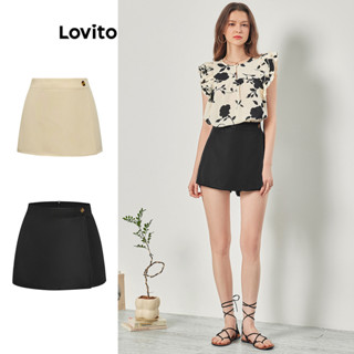 Lovito Casual Shorts Feminino Liso com Botão L68ED213 (Multicolorido)