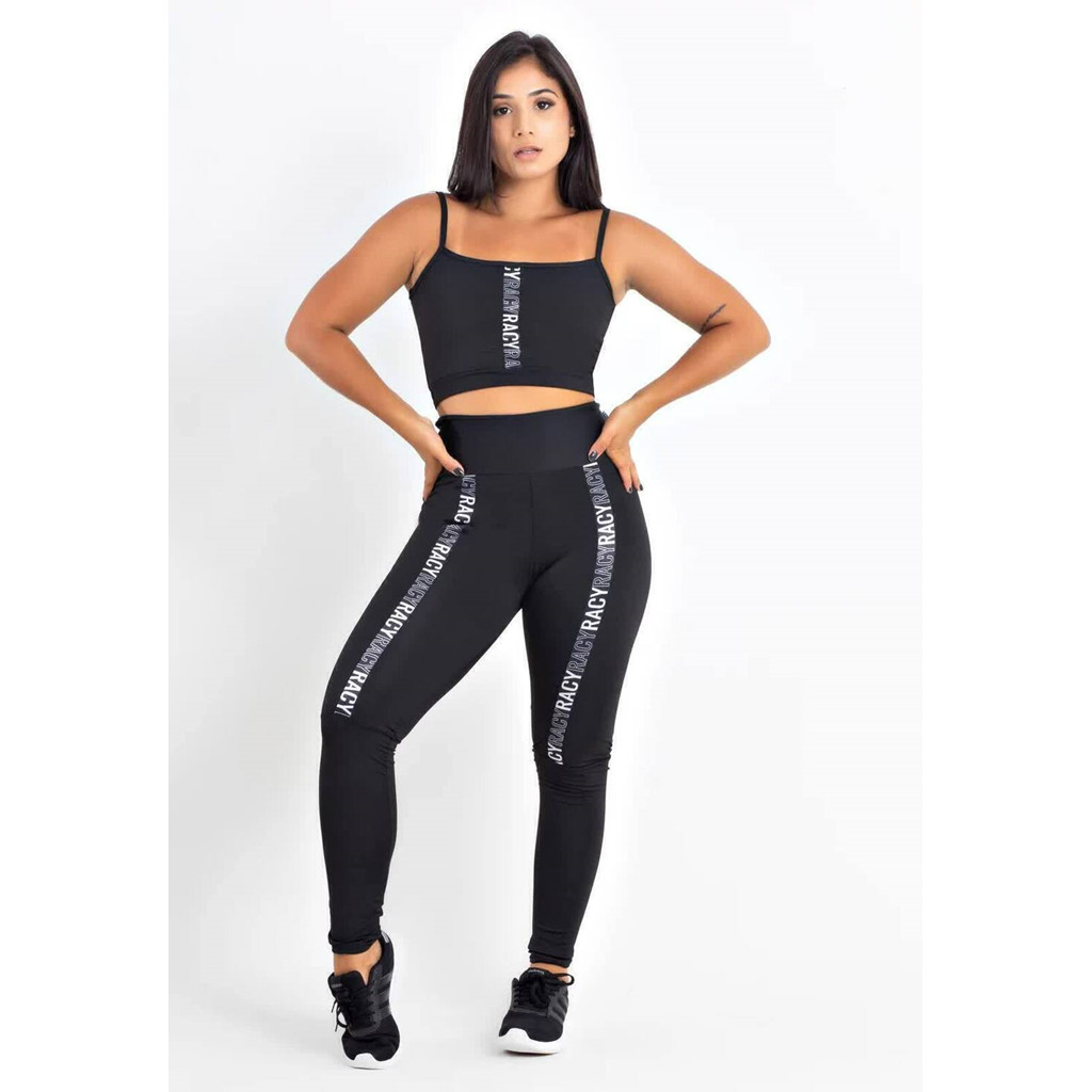 Conjunto Fitness Calça Legging Cintura Alta + Cropped Preto com Elásticos | REF: CCA1