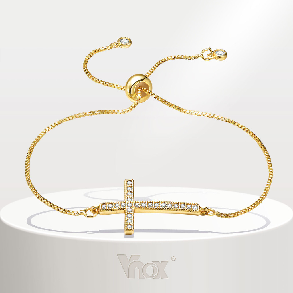 Vnox Zircon Pulseira Cruz Cúbica Para Menina Feminina , 18K Ouro Ajustável Fé Hipoalergênica Cristo Jóias De Presente em Oferta na Shopee