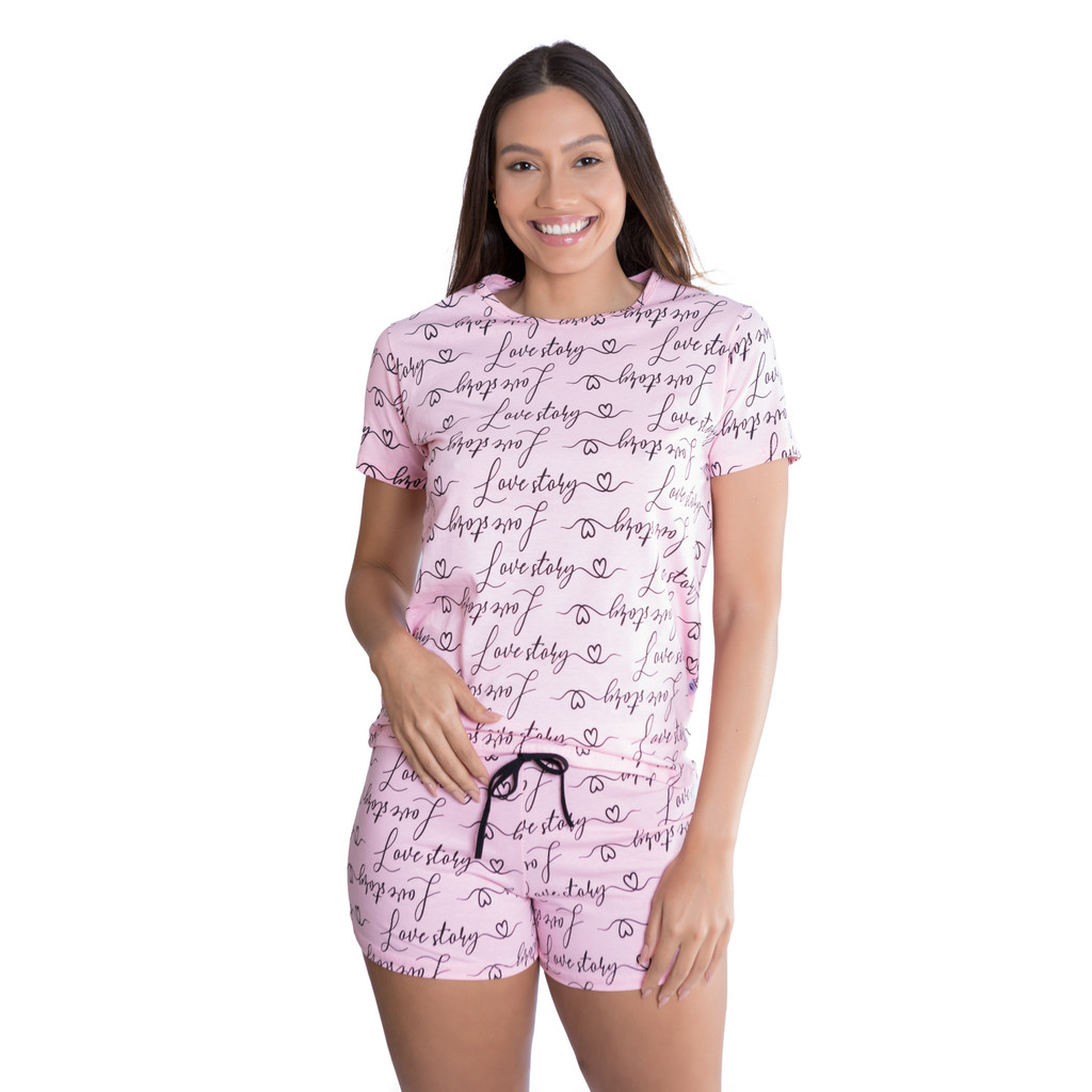 Pijama Manga Curta feminino De Verão Love Story