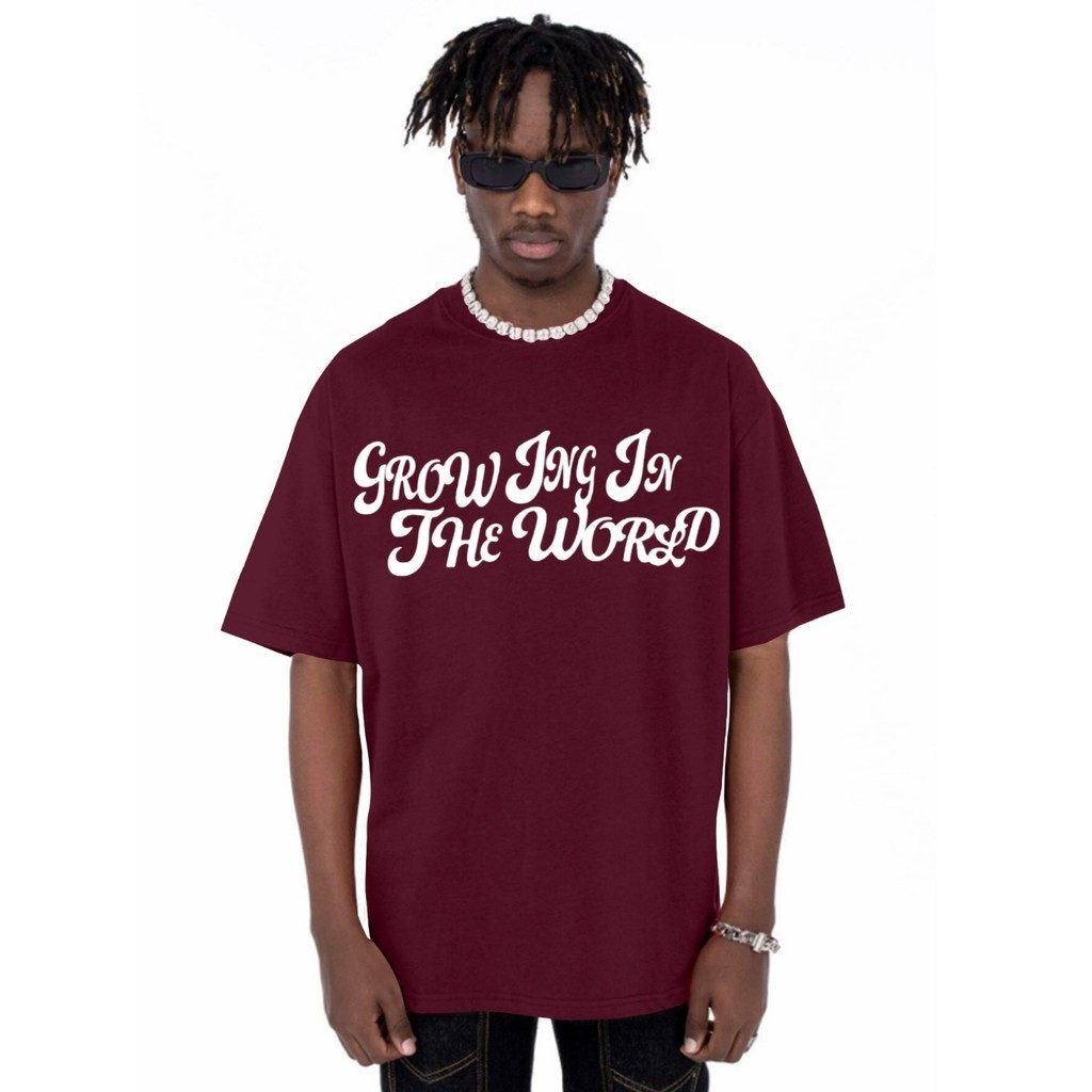 Blusa Oversized Vinho Estampa Growing In The World T Shirt Bordada Academia Fitness