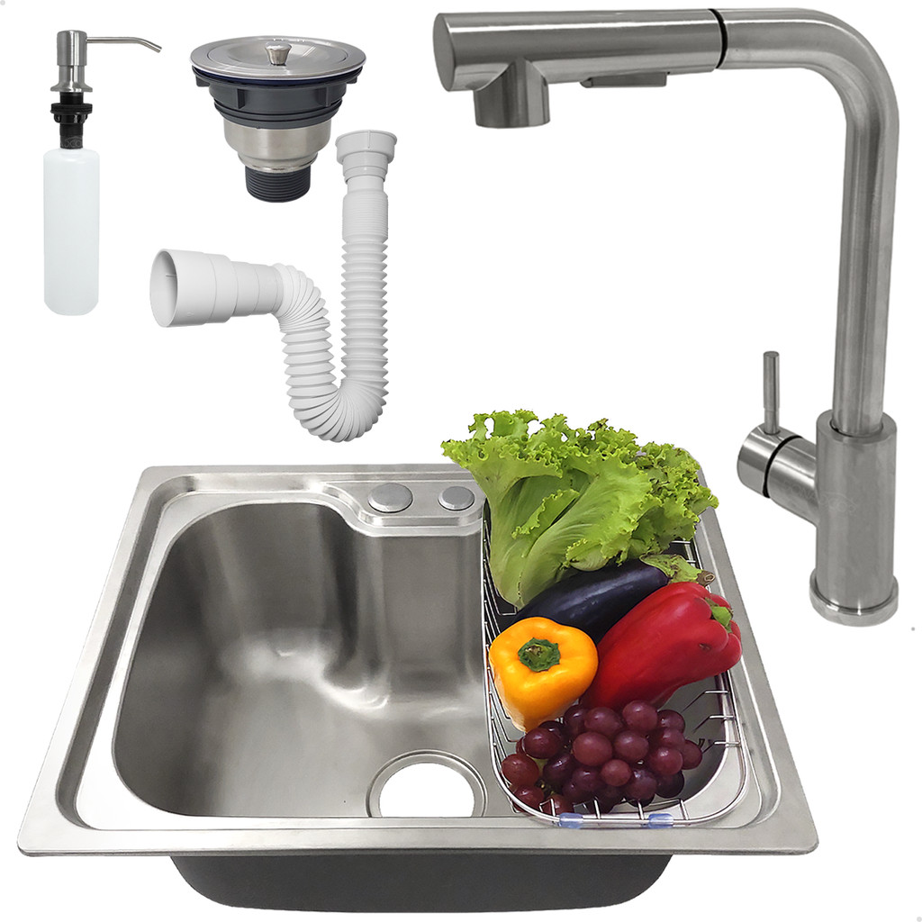 Kit Cozinha Gourmet Cuba Inox 304 50x40 Com Torneira Bica Alta 90° Dispenser 500ml Valvula E Sifão