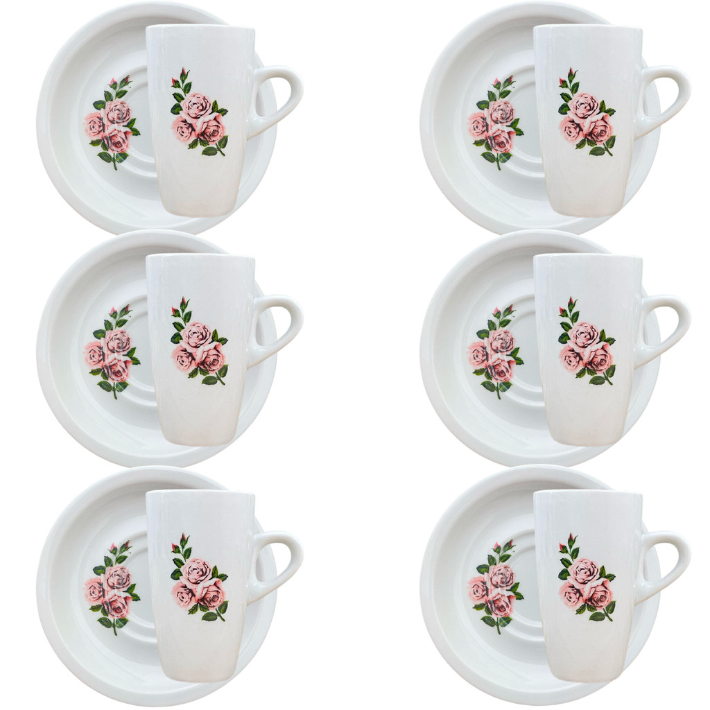 Jogo 6 xícaras Café/Chá 150ml Cônica Alta c/ pires Flor Rosa