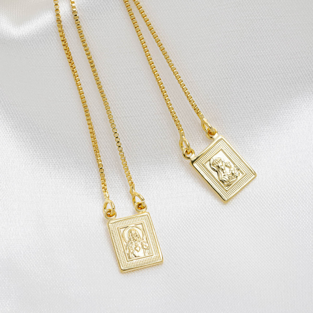 Escapulário Religioso Sagrado Coração de Jesus e Nossa Senhora do Carmo Banhado a Ouro 18K - D France Semijóias