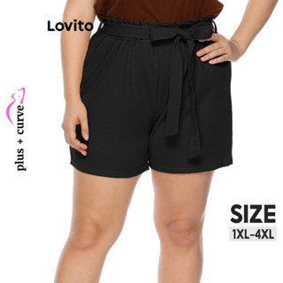 Lovito Shorts Femininos Plus Size Curvos Casuais Com Cinto Liso LNL43055