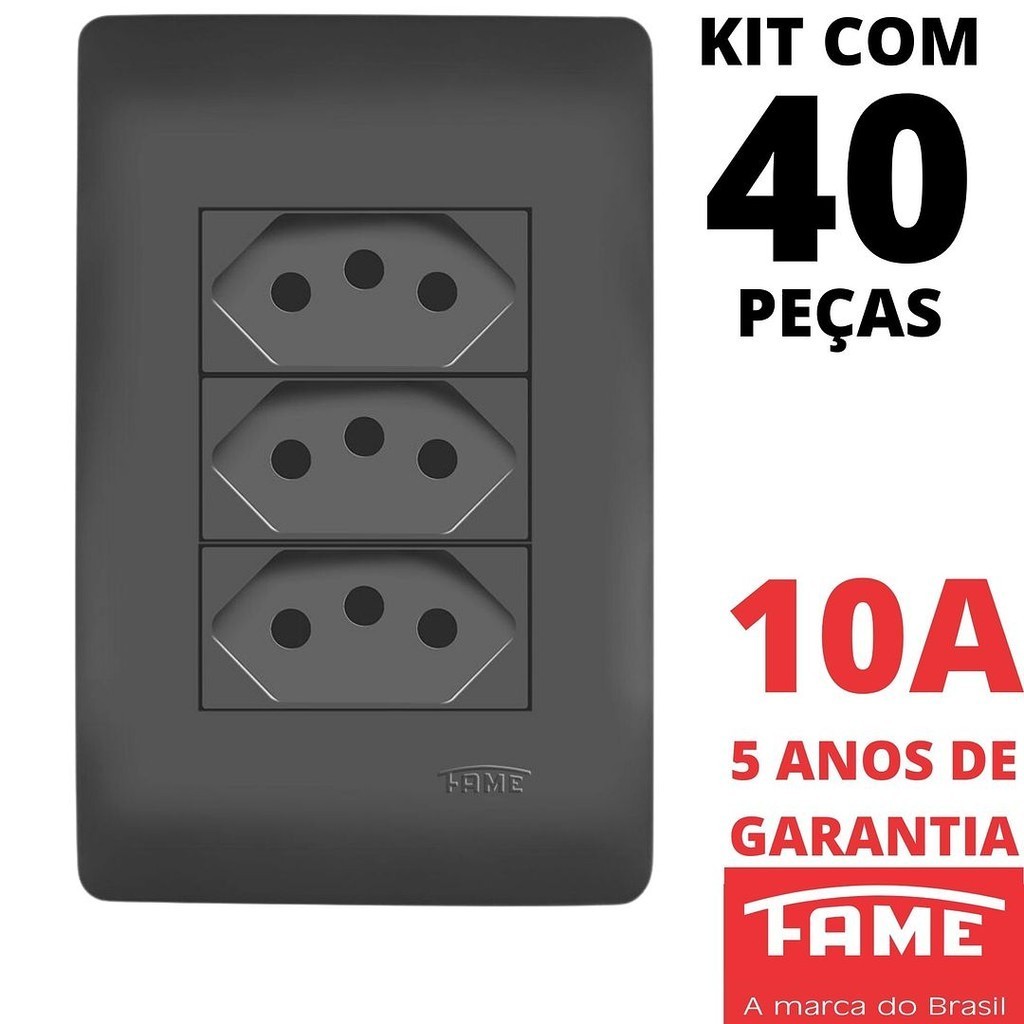 40un Tomada Padrão Tripla 2P+T 10A Com Placa Habitat Black Preto FAME