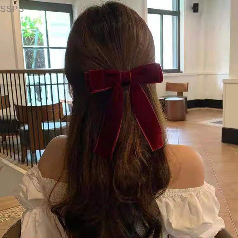 [SSPS] Presilhas De Cabelo Com Laço De Veludo Vintage Para Mulheres , Meninas , Casamento , Fita Longa , Acessórios Core — imagem 2 de 2