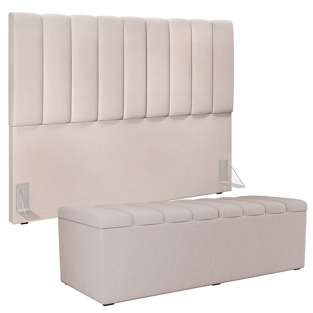 Kit Cabeceira Cama Box Queen 160cm Com Calçadeira Baú Dália W01 Linho Cru - Lyam Decor