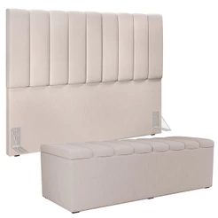 Kit Cabeceira Cama Box Queen 160cm Com Calçadeira Baú Dália W01 Linho Cru - Lyam Decor
