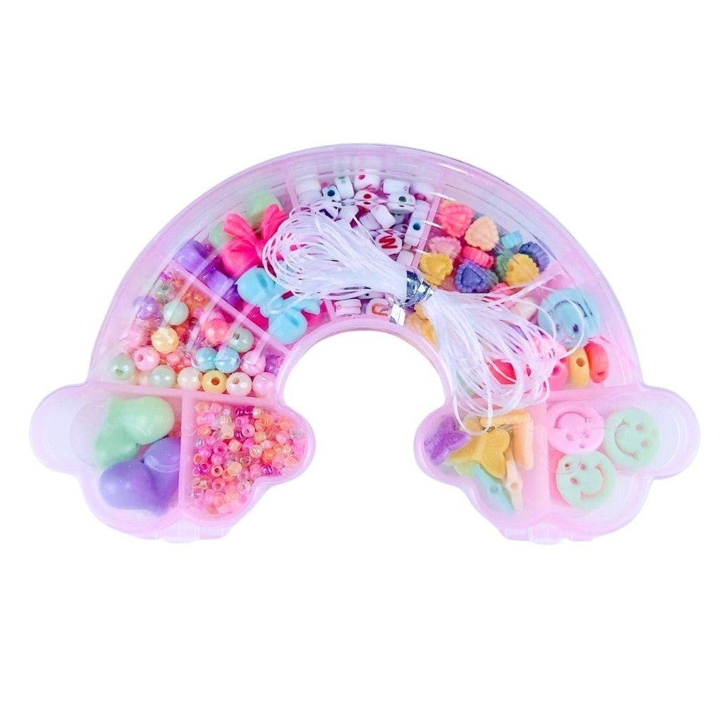 Kit Maleta de Miçangas Infantil para Fazer Colar Pulseiras Bijuterias Pulseiras Artes Arco-Íris Colorida Kwaii
