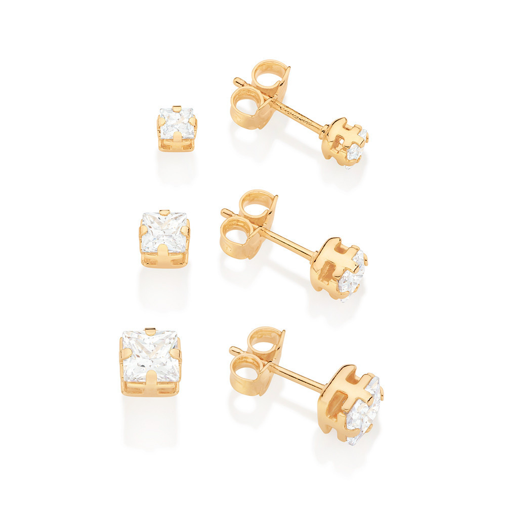 Kit Brincos 3 Pares Solitários Zircônias Banhado a Ouro 18k - Rommanel 527039