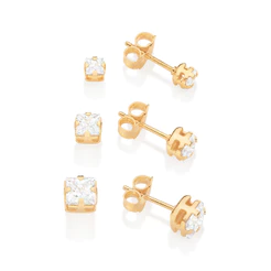 Kit Brincos 3 Pares Solitários Zircônias Banhado a Ouro 18k - Rommanel 527039