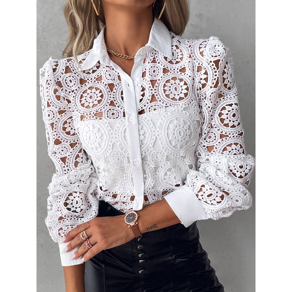 Blusa Elegante De Manga Longa Feminina Socia Office Camisas E Blusas De Renda Brancas 2024...