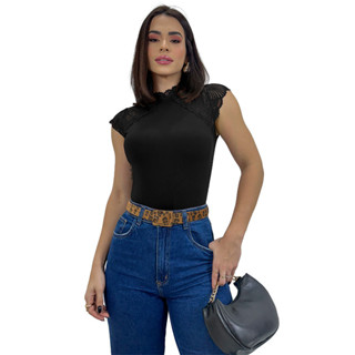Body Bori Blusa Blusinha Renda Manga Curta Fechado Rendado Bojo Golinha