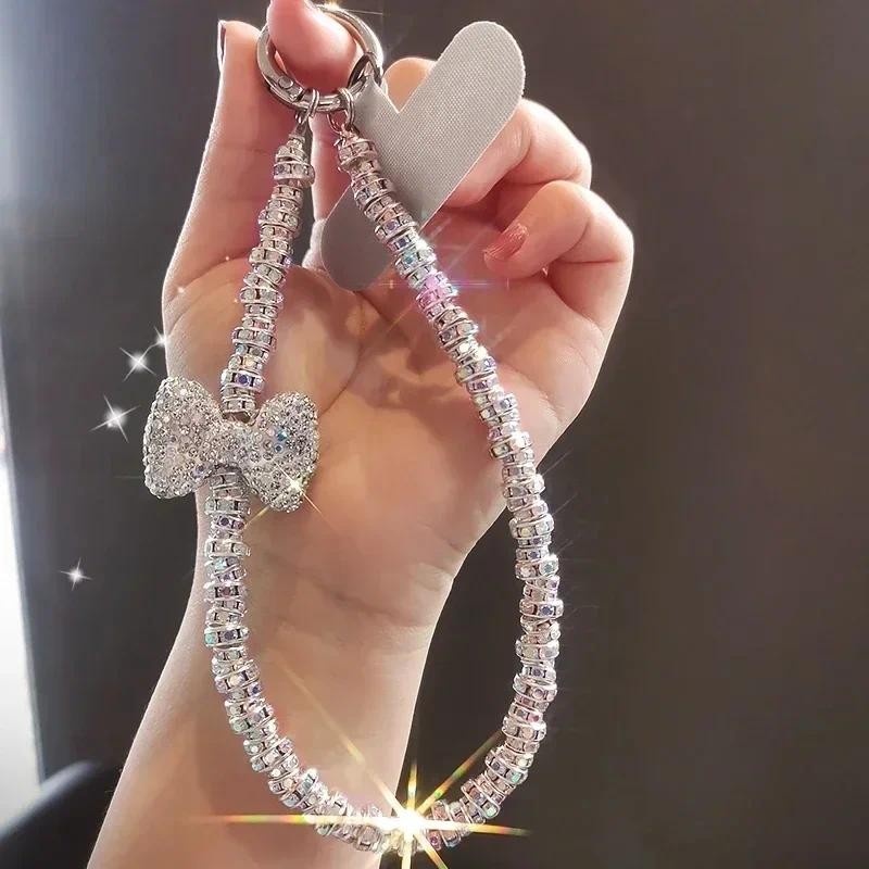 Curto Diamante Cravejado Arco Cordão Do Telefone Móvel Pulseira Brilhante IPhone 16 Caso Chave Universal Corda Saco Corp