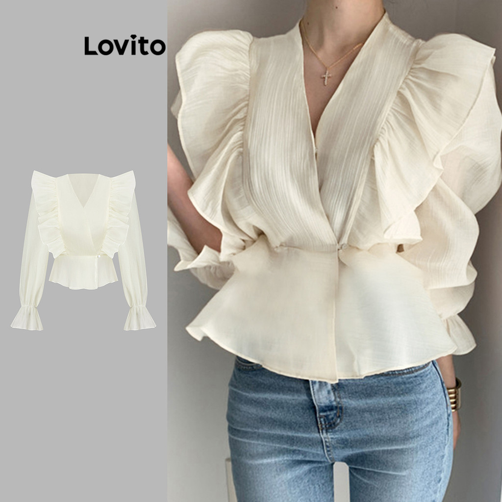 Lovito Blusa casual lisa com babados e bainha para mulheres L177AD873 - Women Clothes