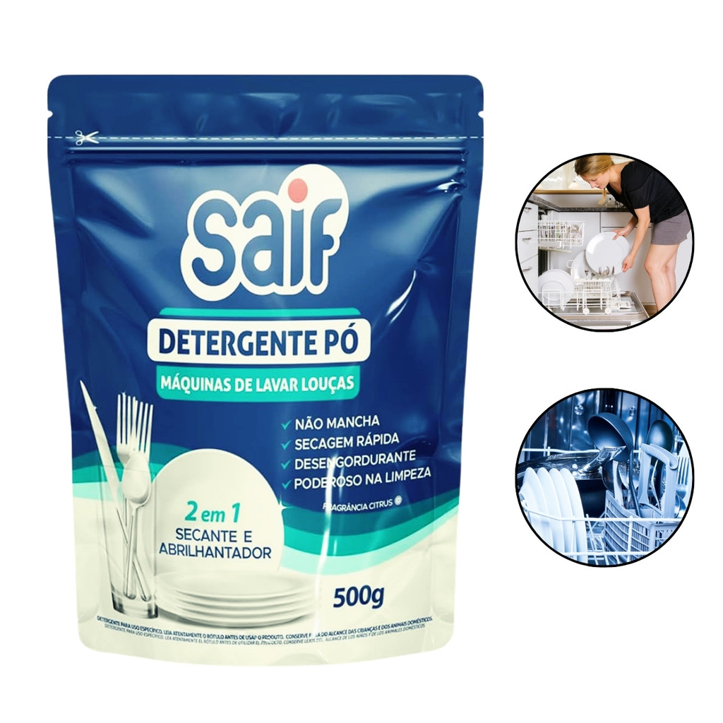 Detergente em Pó Máquina de Lavar Louças Sabão 500g Secante Abrilhantador 2 em 1 Desengordurante