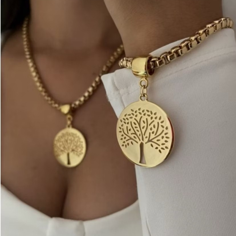 Colar Cordão e Pulseira Elo Português Árvore da Vida. em Oferta na Shopee