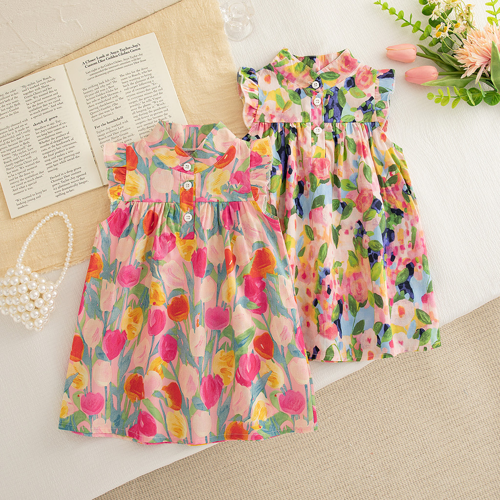 Vestido De Algodão Rosa Para Meninas , Estampado Com Flores De 0 A 3 Anos , Roupa Coreana Bebês