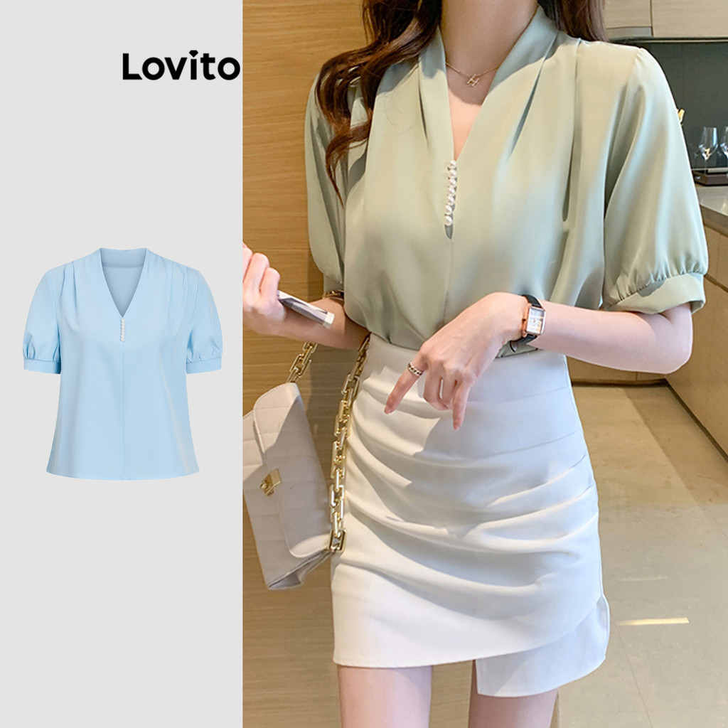 Lovito Blusa Elegante Lisa Básica Com Decote Em V Blusa De Pérolas Para Mulheres LNE21154 ...