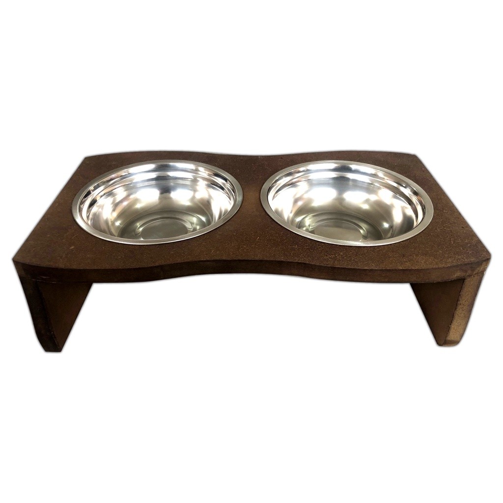 Comedouro Madeira Com 2 Potes Em Inox Para Pet Cachorro Gato MARROM