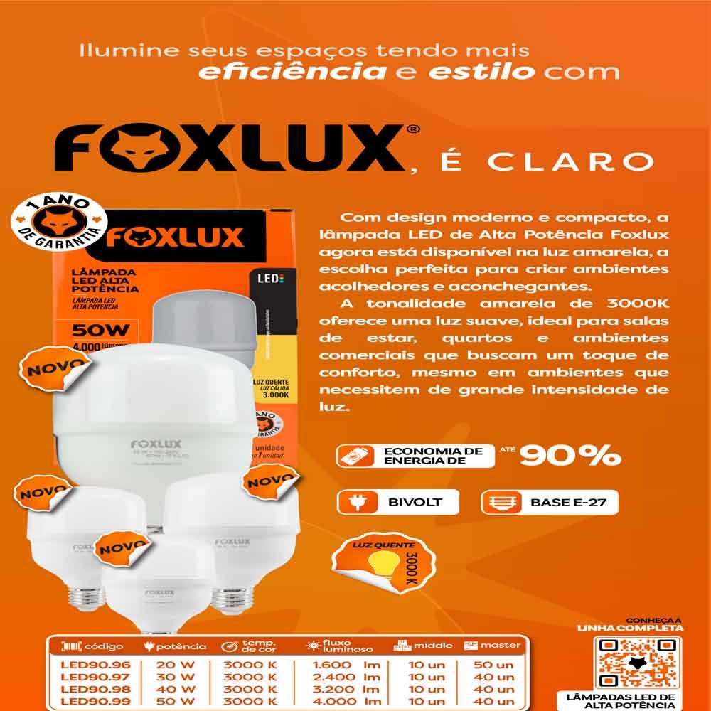 Kit 2 Lâmpada LED Alta Potência Foxlux 30W 3000K Branco Quente Bivolt 2400lm E27 Luz de Conforto